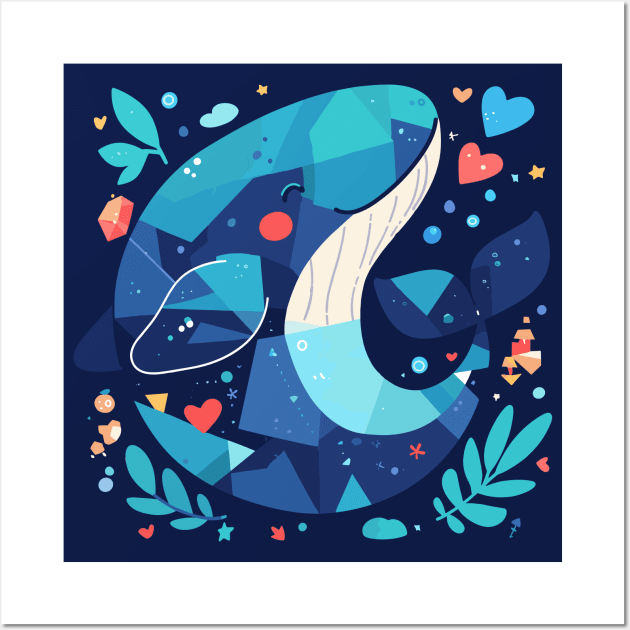 Geometrical Colorful Blue Whale. Adorable Mosaic Cute Kawaii Simple Animal Wall Art by SappiDigital